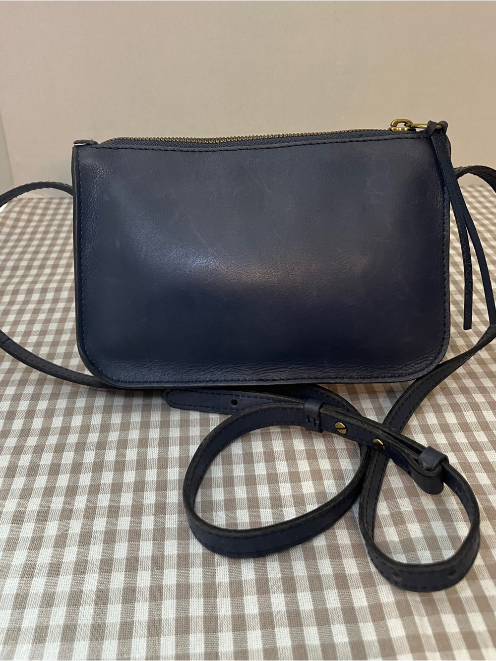 Madewell Blue Leather Crossbody Bag Canvas Lining Brass Hardware Zip Closure
